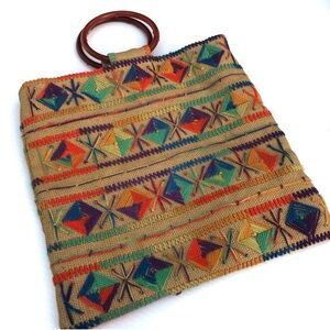 Vintage 70’s Multicolor Embroidered Tote Bag with Wooden Handles